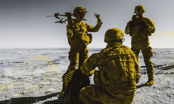 Decorative image of soldier holding a drone in front of two soldiers