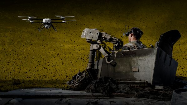 Decorative image of soldier looking at an unmanned aircraft