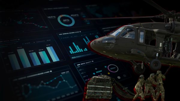 Decorative image of a dashboard and soldiers getting a pallet from a helicopter