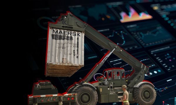 Decorative image of vehicle lifting a shipping container
